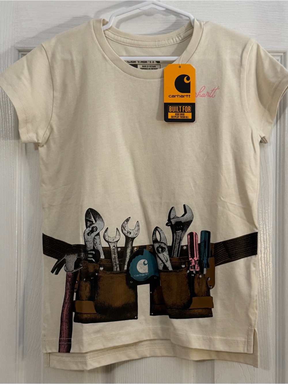 NWT Carhartt Girl Cream Tee with Tool Belt Graphic Short Sleeves 100% Cotton